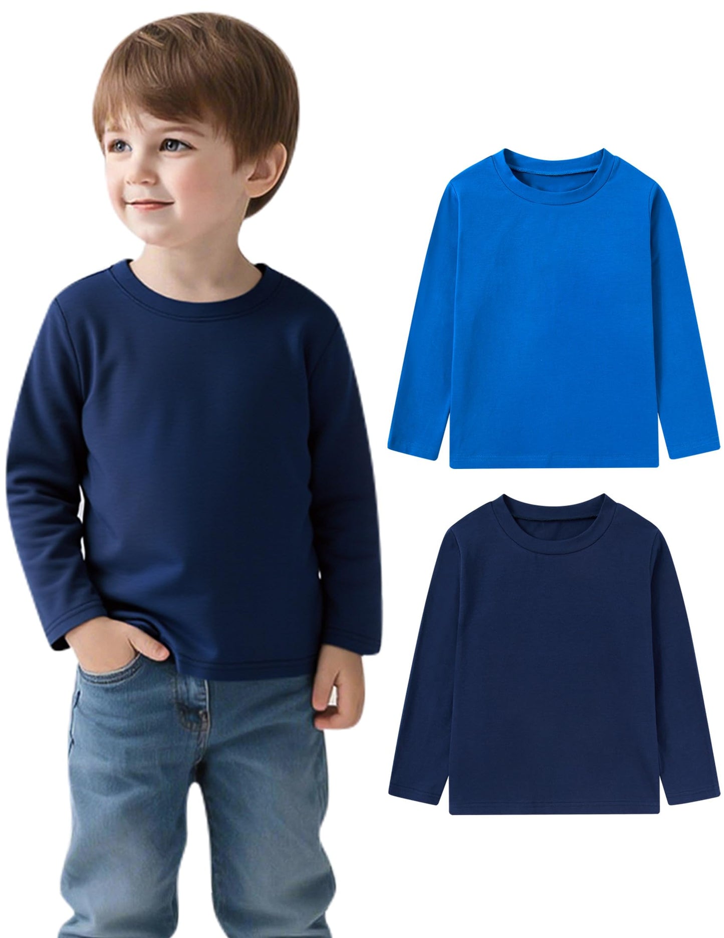 Aideaone Toddler Boys Long Sleeve Shirts Kids Basic Cotton T-Shirts 2PC Crewneck Tees for Boys 2-7T