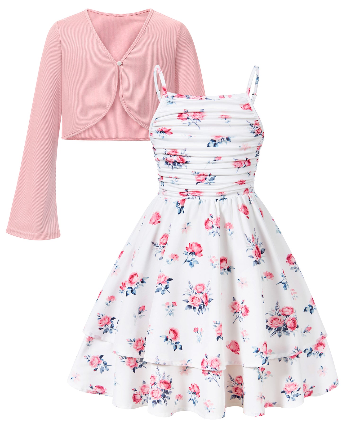 Aideaone Girls Summer Dress with Cardigan Floral Ruched Spaghetti Strap Layered Church Party Dress 7-14Y