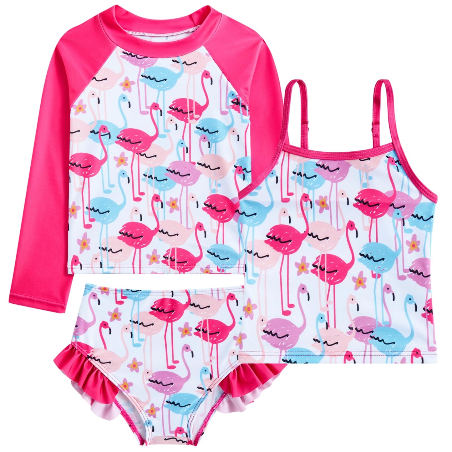 Girls 3-Piece Swimsuit Kids Bathing Suits Tankini Set Long Sleeve Rash Guard Swimwear for Girls 3-10Y