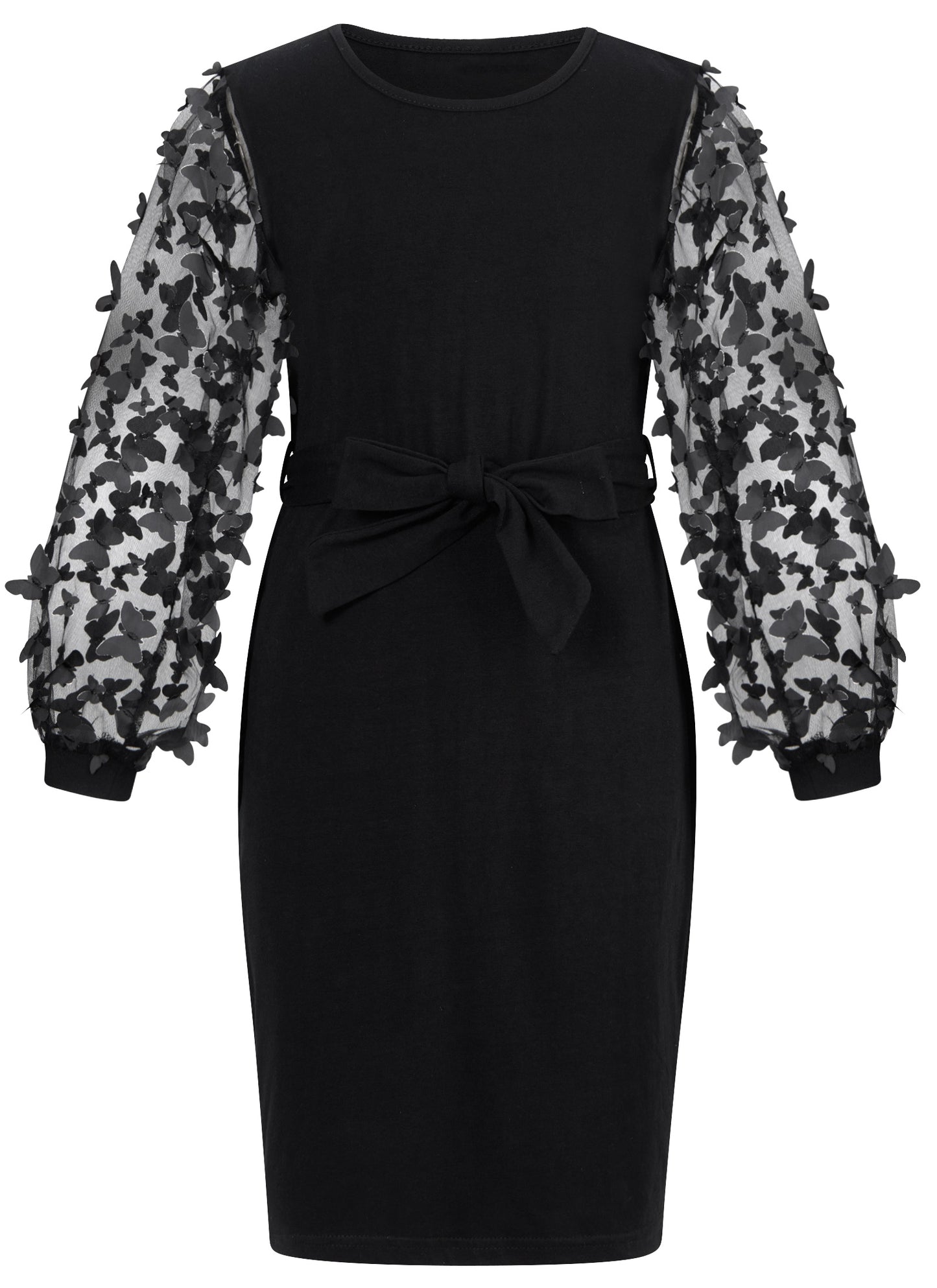 Aideaone Girls Dresses Butterfly Mesh Puff Long Sleeve Bodycon Dress with Belt Crew Neck Party Dress for Girls 7-16 Years