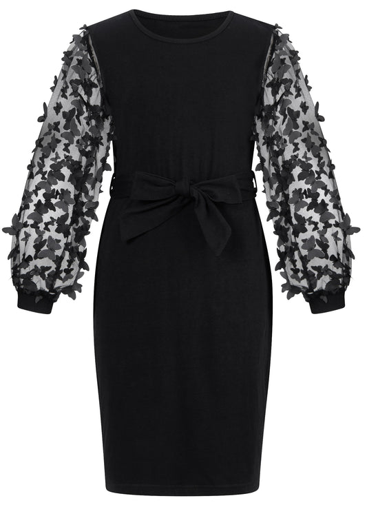 Aideaone Girls Dresses Butterfly Mesh Puff Long Sleeve Bodycon Dress with Belt Crew Neck Party Dress for Girls 7-16 Years