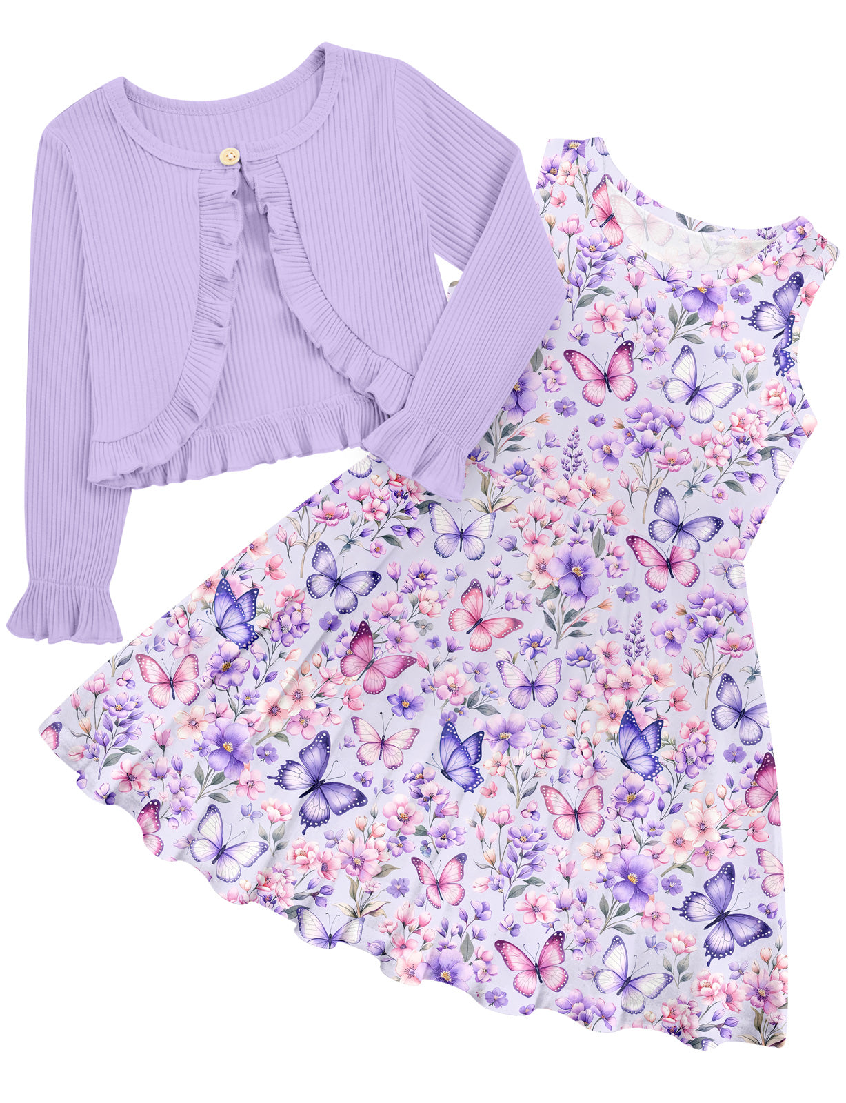 Aideaone Dresses for Girls 5‑12 Sleeveless Floral Butterfly Print with Ruffle Long Sleeve Cardigan 2 Piece Set