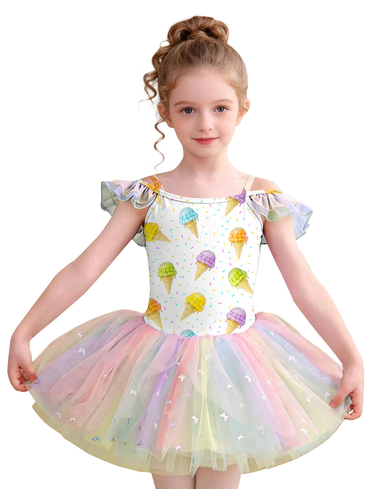 Aideaone Toddler Girls Ballet Tutu Dress Off Shoulder Leotard 3-7Y Kids Dance Costume Rainbow Tulle Skirt