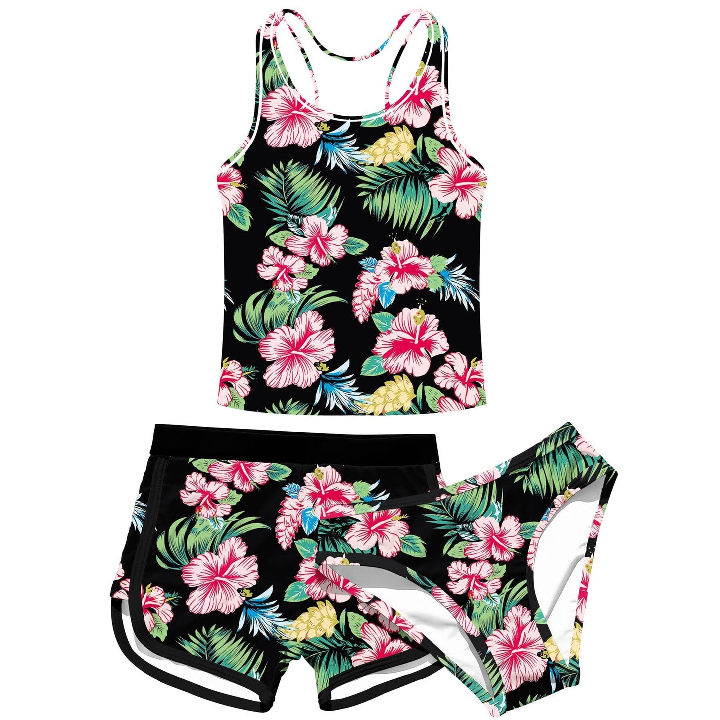 Girls Swimsuit 3 Piece Bathing Suit UPF 50+ Beach Tankini Sets Girls' Racerback Swimwear with Shorts 8-15 Years