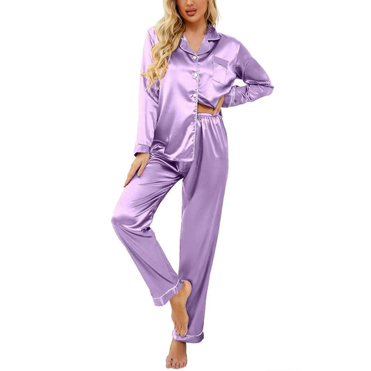 Youmei Women's Silk Satin Pajama Set Classic Button Down Long Sleeves Pants V-Neck Silk Pjs with Pockets