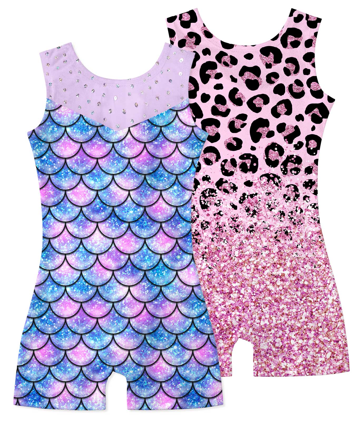 Aideaone Girls Gymnastics Leotards 2 Pack Sleeveless Rhinestone Biketards Sparkle Printed Dance Unitard Ballet Training Bodysuit for Little Girls 4-10Y