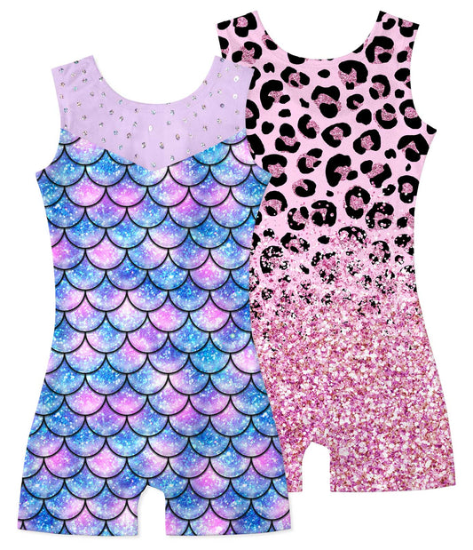 Aideaone Girls Gymnastics Leotards 2 Pack Sleeveless Rhinestone Biketards Sparkle Printed Dance Unitard Ballet Training Bodysuit for Little Girls 4-10Y
