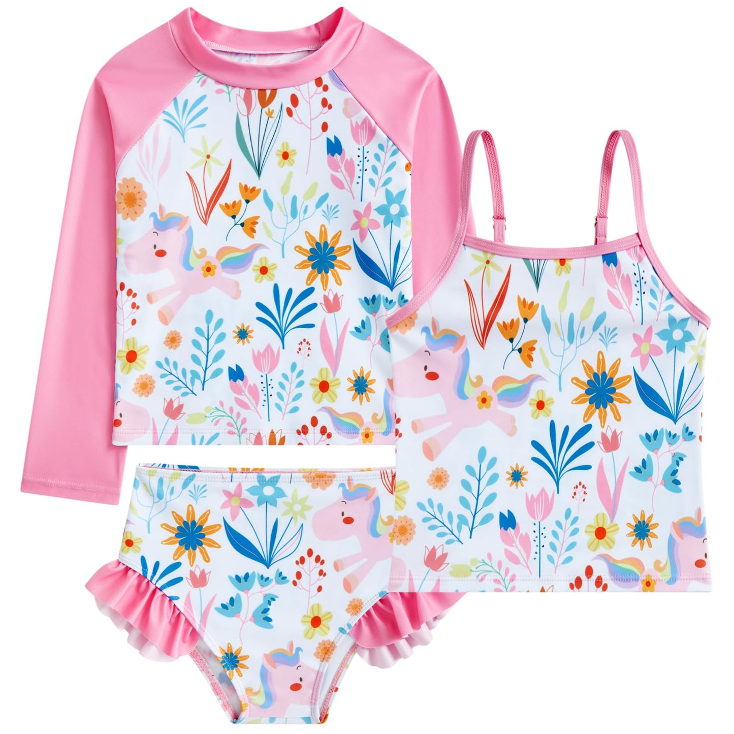 Girls 3-Piece Swimsuit Kids Bathing Suits Tankini Set Long Sleeve Rash Guard Swimwear for Girls 3-10Y