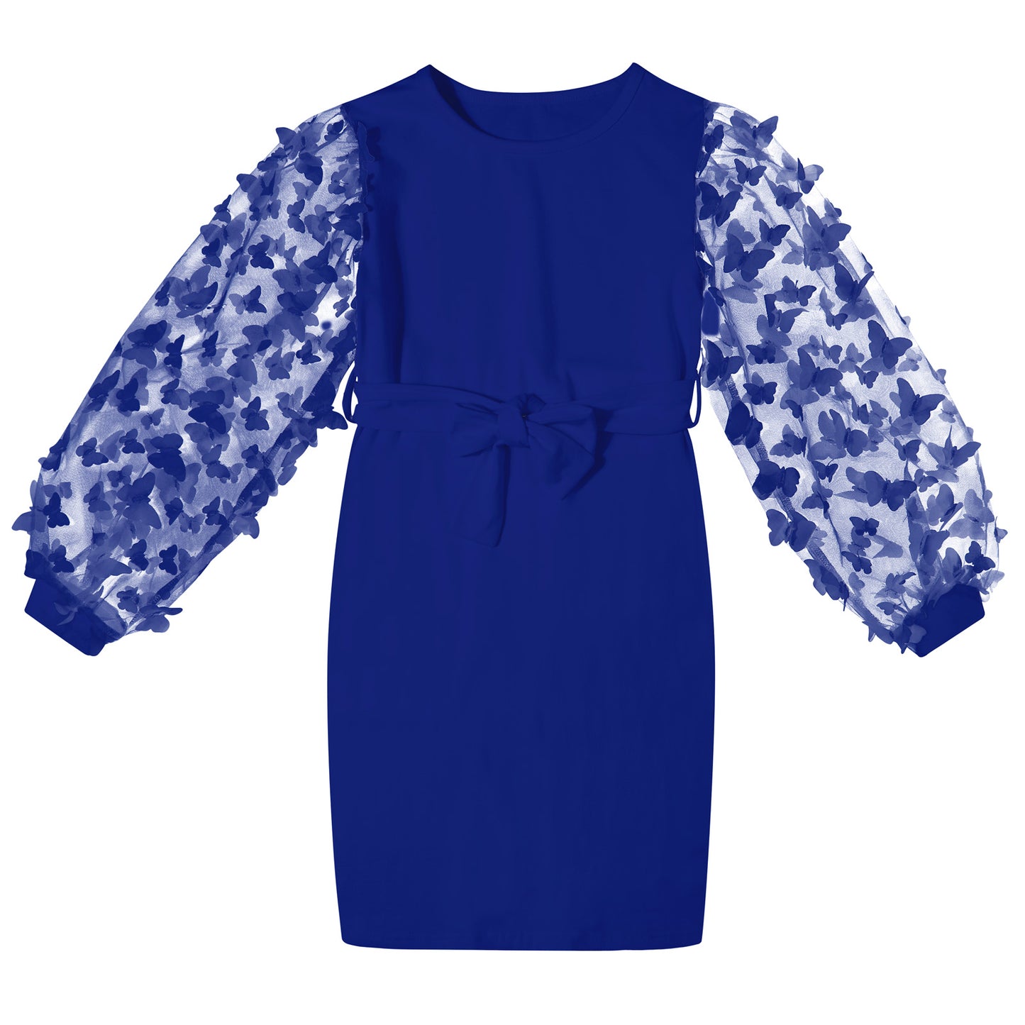 Aideaone Girls Dresses Butterfly Mesh Puff Long Sleeve Bodycon Dress with Belt Crew Neck Party Dress for Girls 7-16 Years