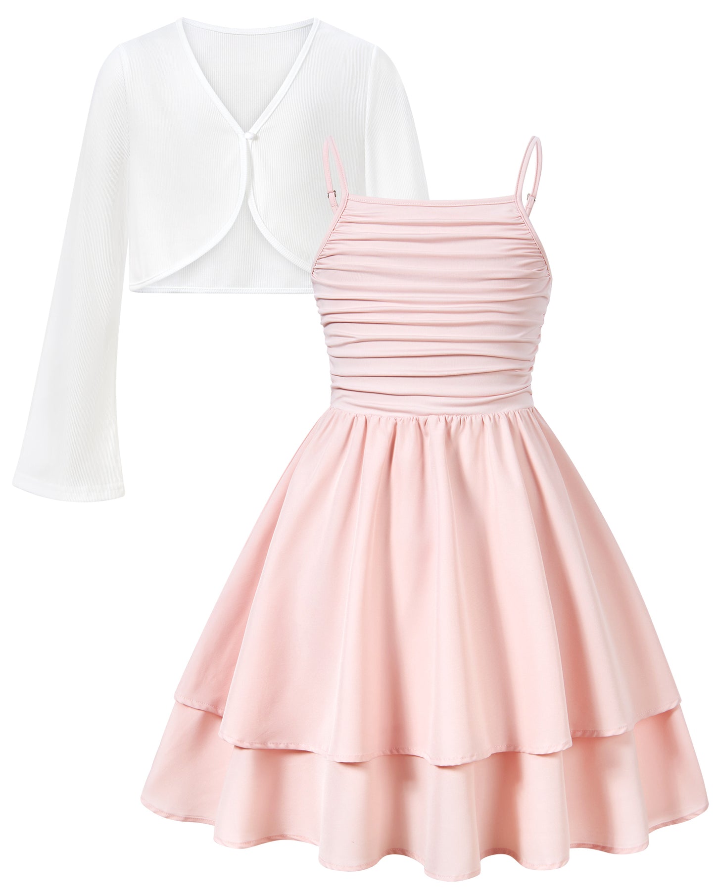 Aideaone Girls Summer Dress with Cardigan Floral Ruched Spaghetti Strap Layered Church Party Dress 7-14Y