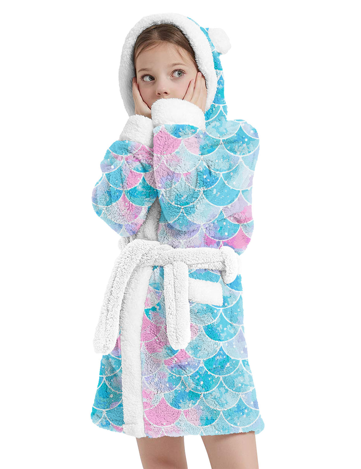Aideaone Girls Hooded Plush Robe Soft Fuzzy Bathrobe Cozy Sleepwear Loungewear with Belt Pockets Printed Fluffy Lounge Robe for 4-12Y
