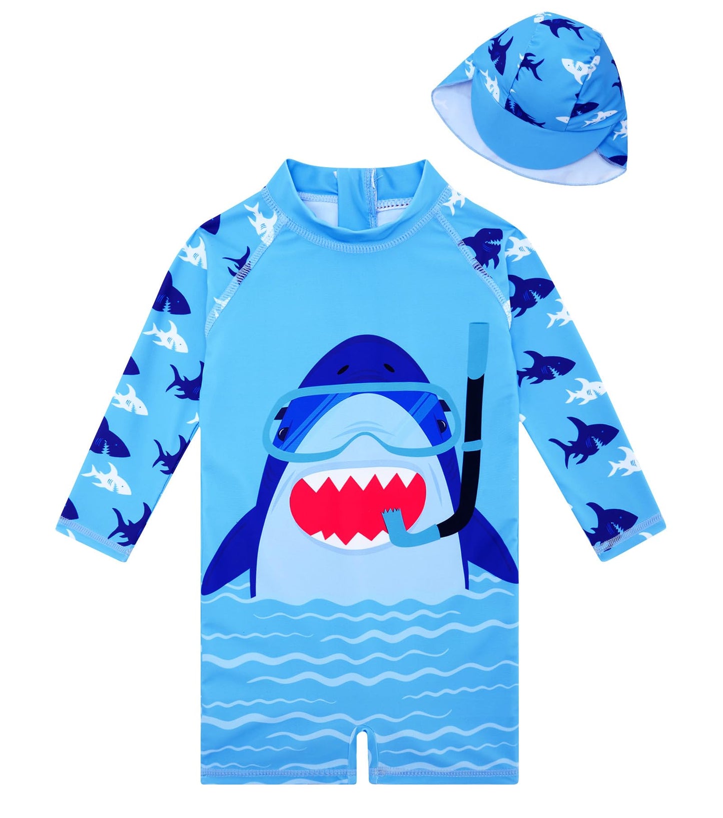 Baby Infant Boys Swimsuit One-Piece with Sun Hat Long Sleeve UPF 50+ Rash Guard Swimwear for Boys 3-24 Months