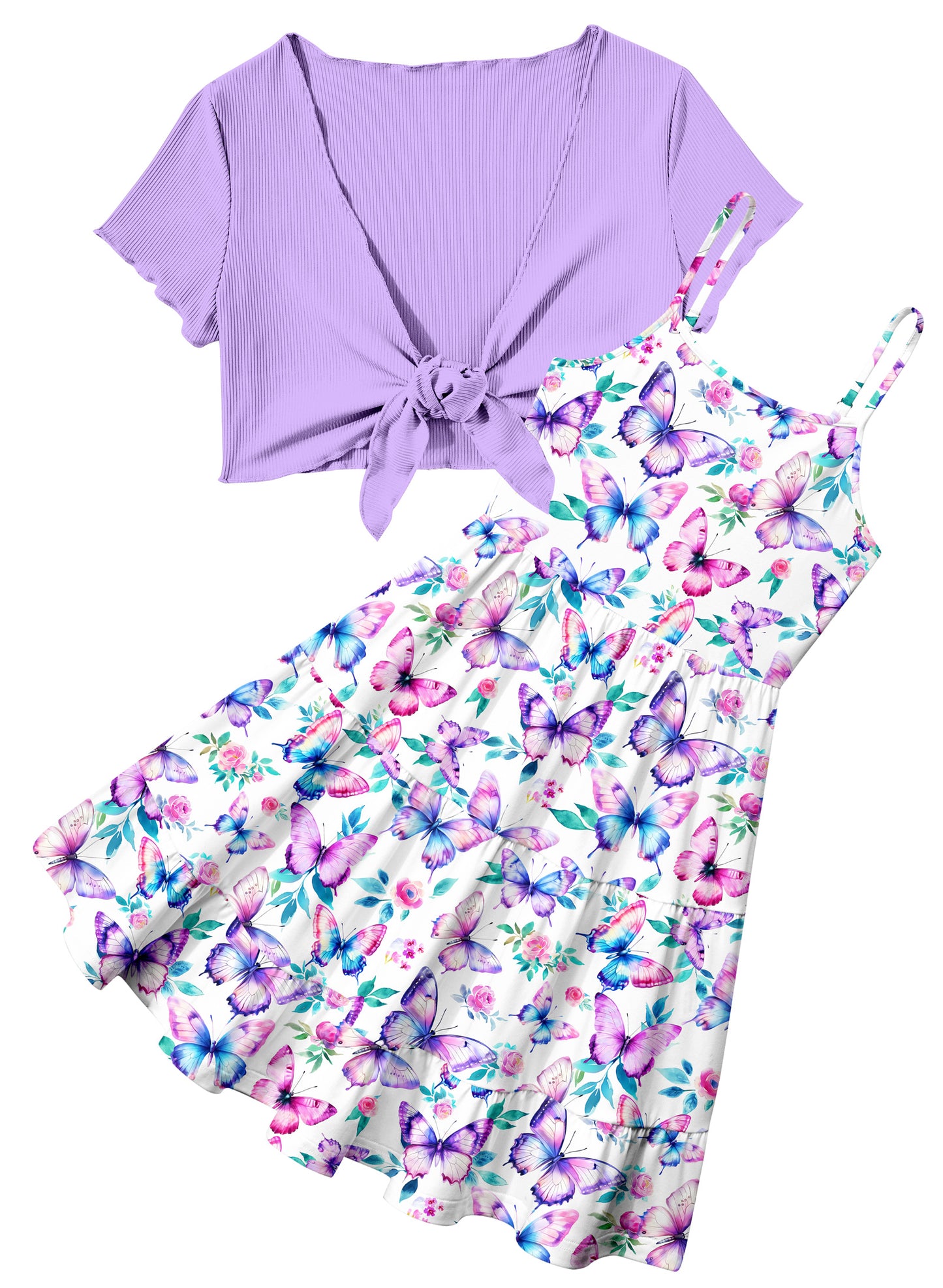 Girls Dresses Adjustable Strap Sleeveless A Line Dress with Cardigan 2 Piece Set Casual Sundress for Girls 7-14T