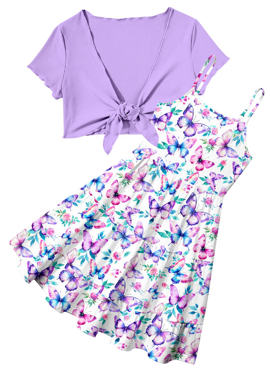 Girls Dresses Adjustable Strap Sleeveless A Line Dress with Cardigan 2 Piece Set Casual Sundress for Girls 7-14T