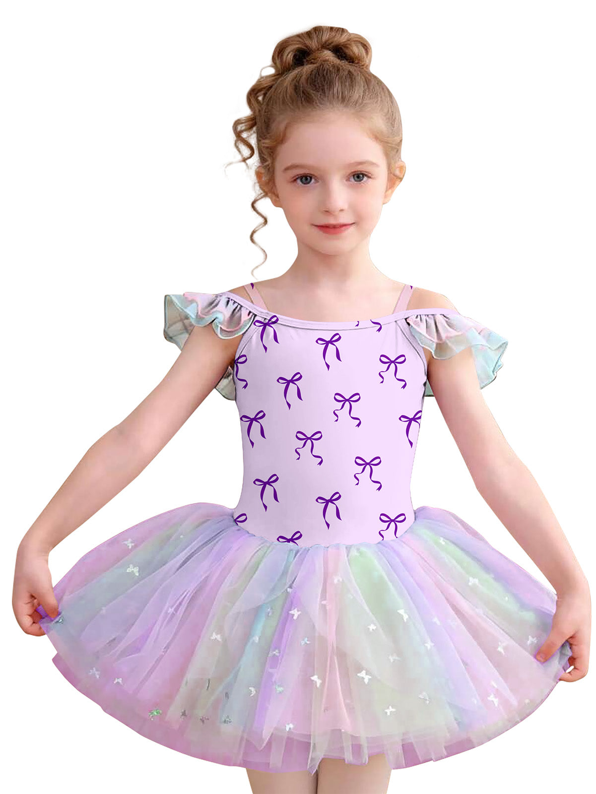 Aideaone Toddler Girls Ballet Tutu Dress Off Shoulder Leotard 3-7Y Kids Dance Costume Rainbow Tulle Skirt