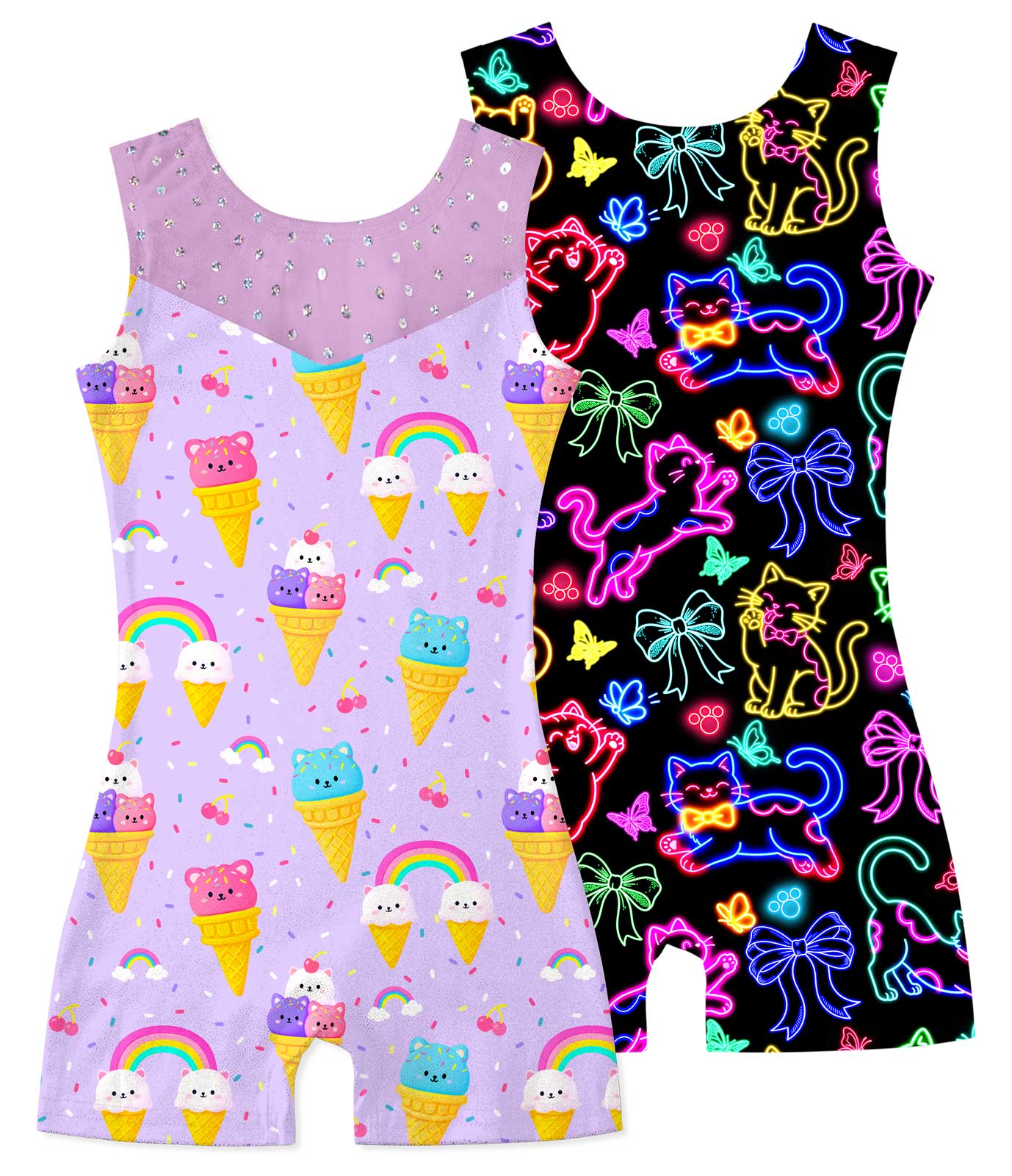 Aideaone Girls Gymnastics Leotards 2 Pack Sleeveless Rhinestone Biketards Sparkle Printed Dance Unitard Ballet Training Bodysuit for Little Girls 4-10Y
