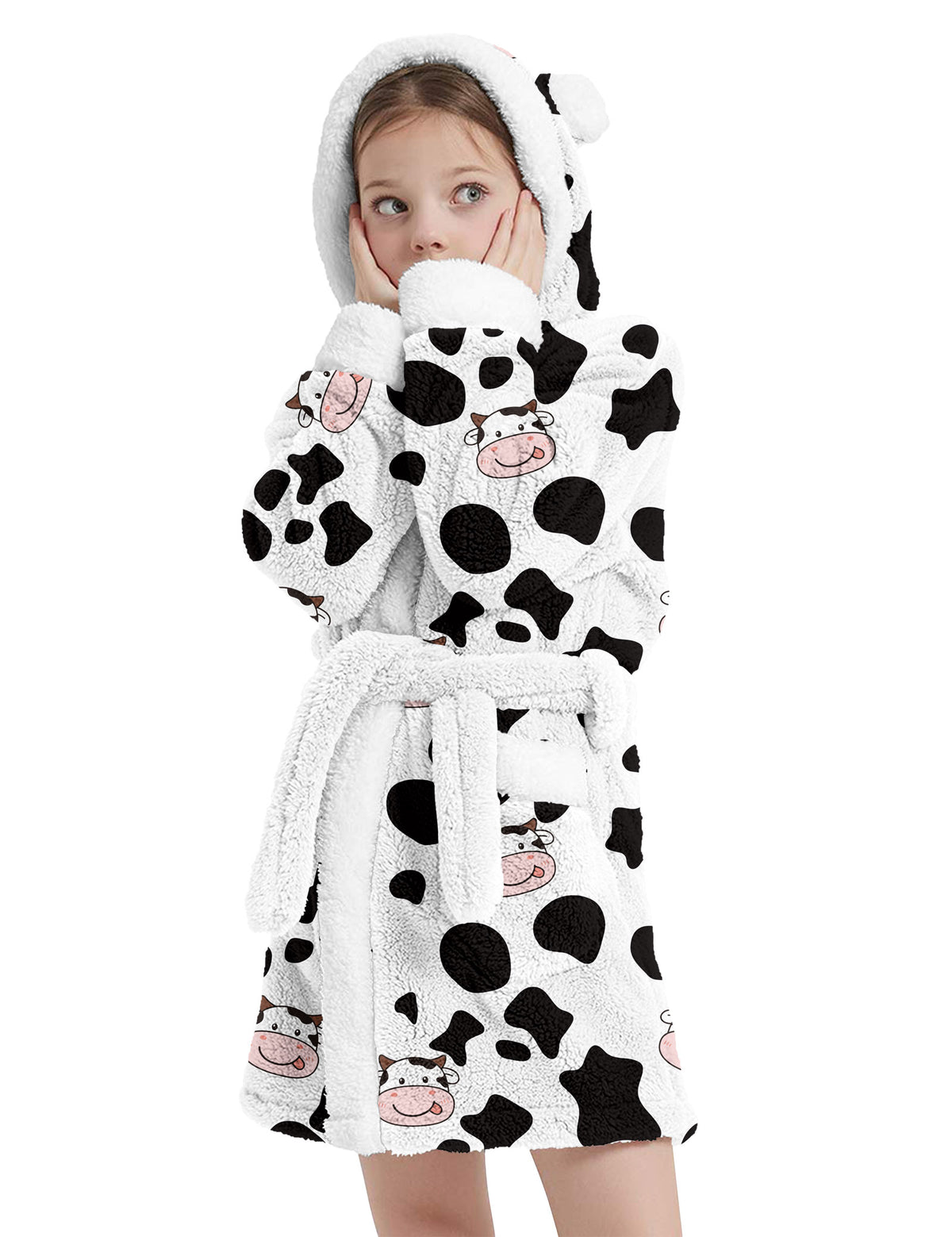 Aideaone Girls Hooded Plush Robe Soft Fuzzy Bathrobe Cozy Sleepwear Loungewear with Belt Pockets Printed Fluffy Lounge Robe for 4-12Y