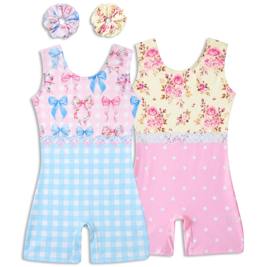 Aideaone Girls 2 Pack Gymnastics Leotards with Matching Scrunchies Sparkly Biketards 4-10Y