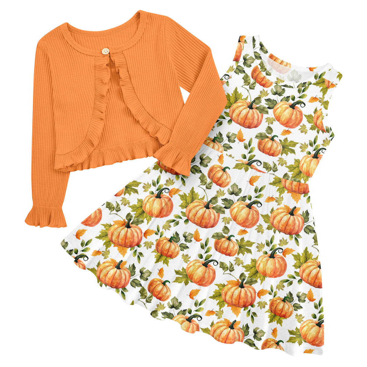 Aideaone Toddler Girl Sleeveless Dresses and Long Sleeve Ruffle Cardigan 2 Piece Fall Outfits for 2-7T