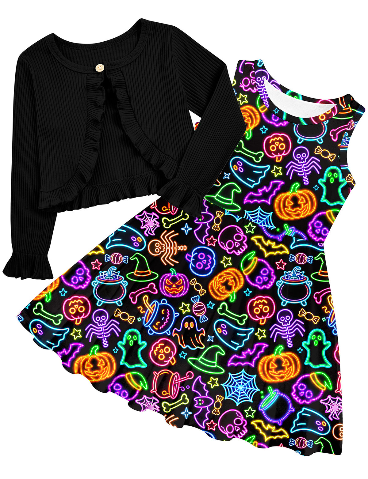 Aideaone Toddler Girl Sleeveless Dresses and Long Sleeve Ruffle Cardigan 2 Piece Fall Outfits for 2-7T
