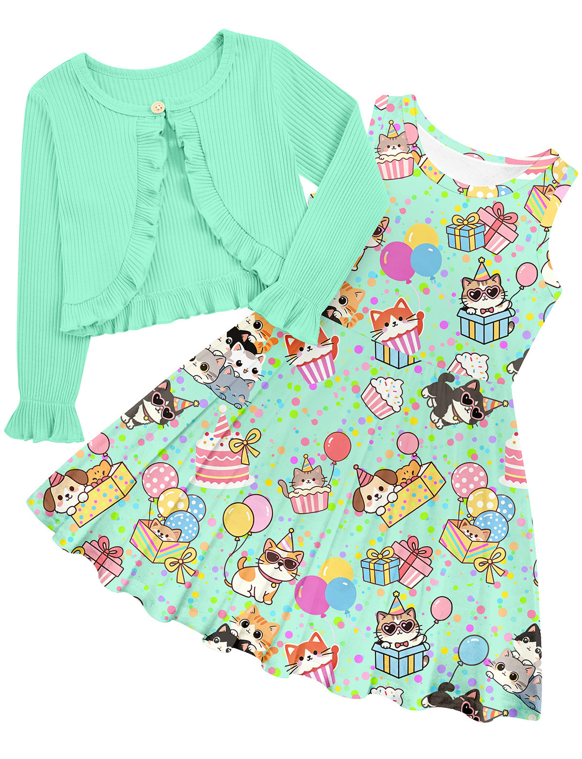 Aideaone Toddler Girl Sleeveless Dresses and Long Sleeve Ruffle Cardigan 2 Piece Fall Outfits for 2-7T