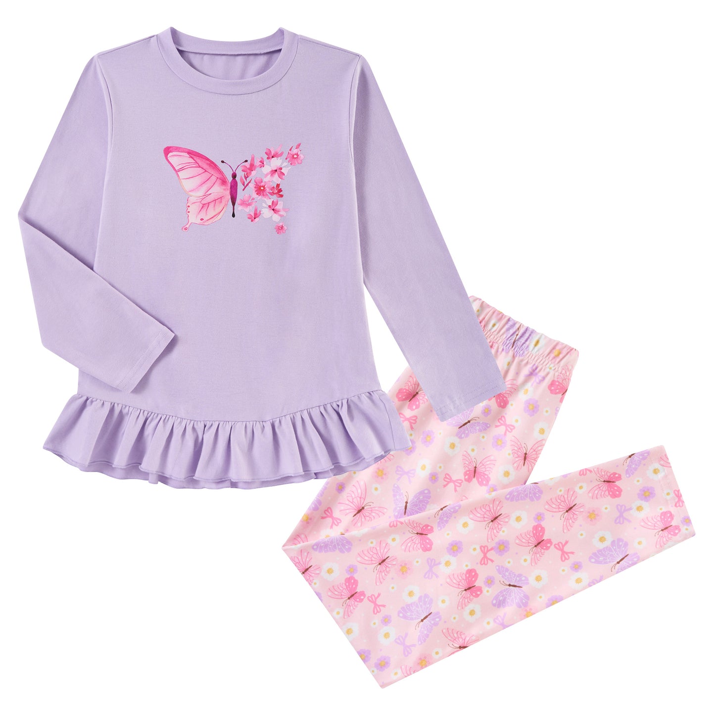 Aideaone Girls Outfit Fall 2 Pcs Clothes Sets Long Sleeve Ruffle Hem Shirt Floral Pants for Kids Size 3-7