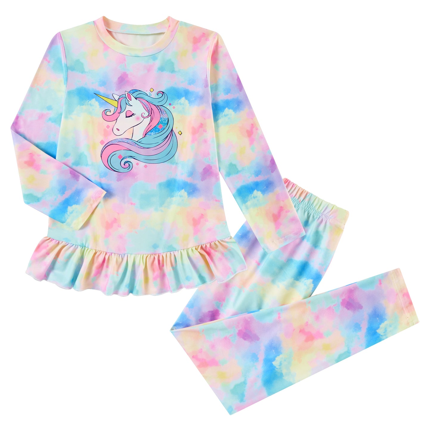 Aideaone Girls Outfit Fall 2 Pcs Clothes Sets Long Sleeve Ruffle Hem Shirt Floral Pants for Kids Size 3-7