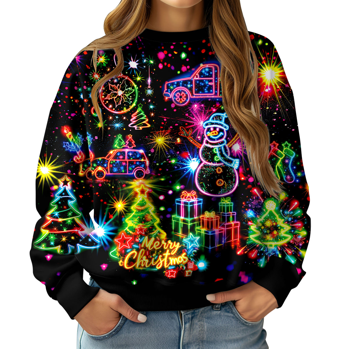Aideaone Women Ugly Christmas Sweatshirt Long Sleeve Shirts Crew Neck Pullover