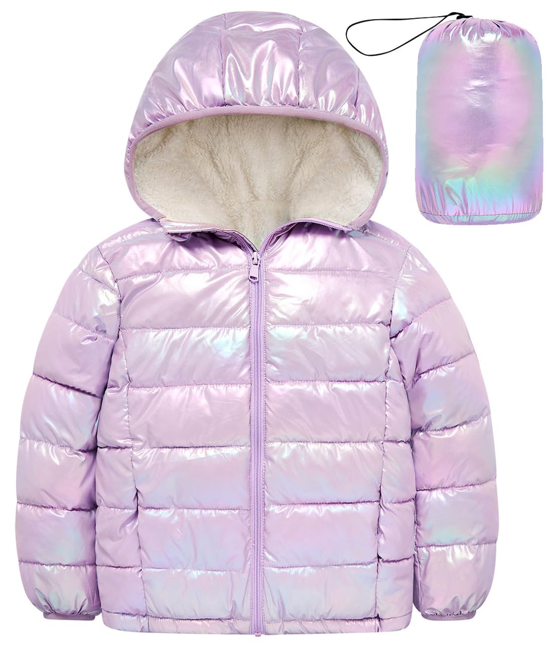 Aideaone Girls Puffer Jacket Packable Hooded Warmth Padded Winter Coat Metallic Shine Outerwear 10-12Years