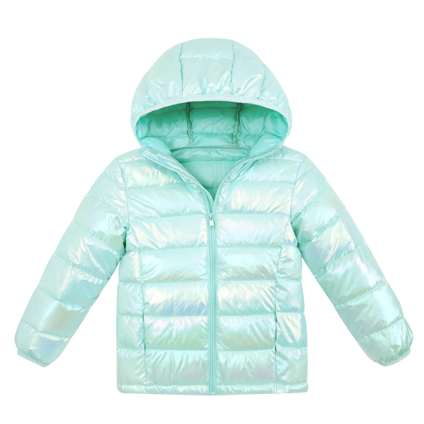 Aideaone Girls Puffer Jacket Packable Lightweight Down-Alternative Hooded Winter Coat Shiny Outerwear for Kids 10-12Years