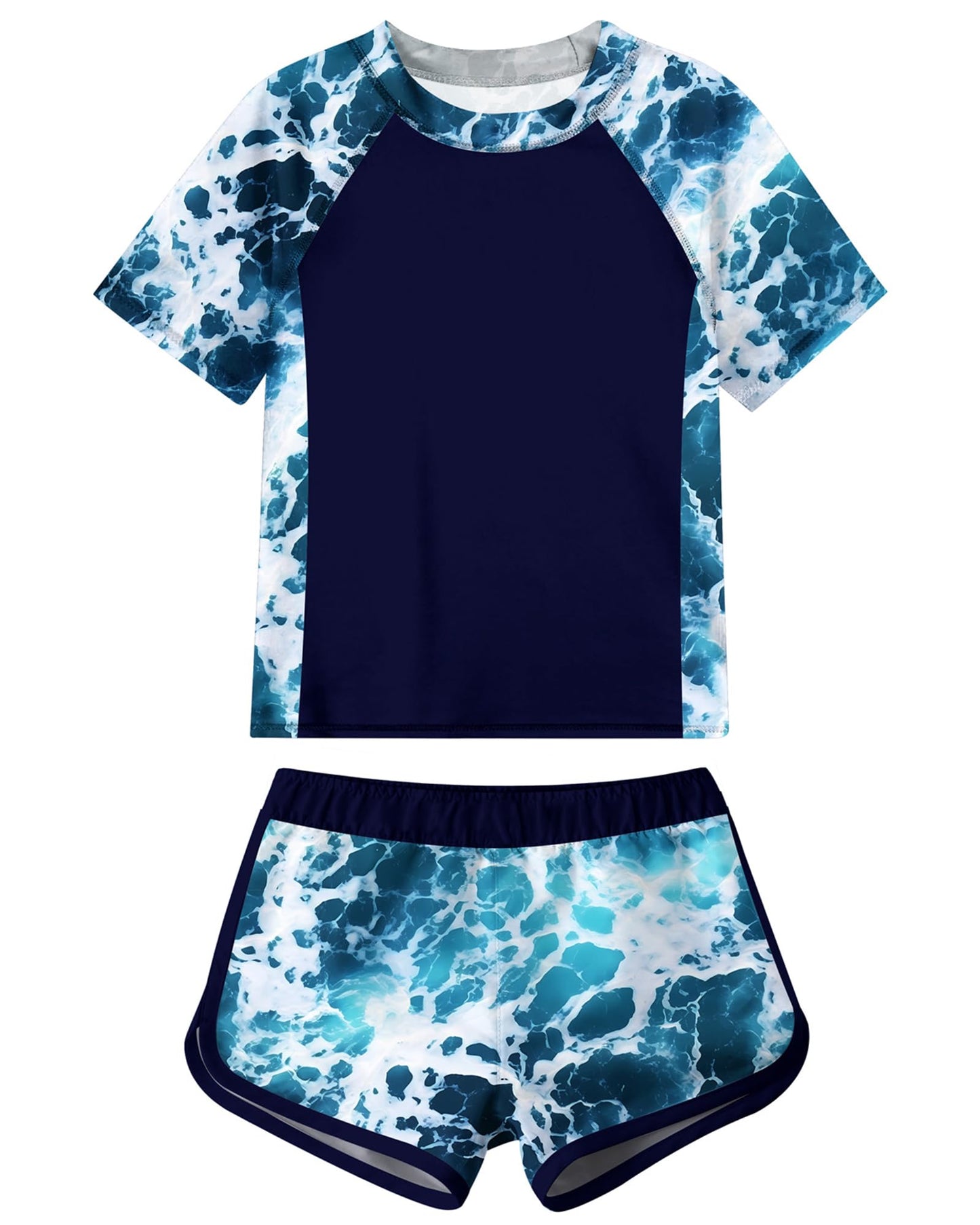 Aideaone Girls Short Sleeve Swimsuit 2-Piece Tankini Rash Guard Bathing Suit Sets Beach Swimwear 8-14T