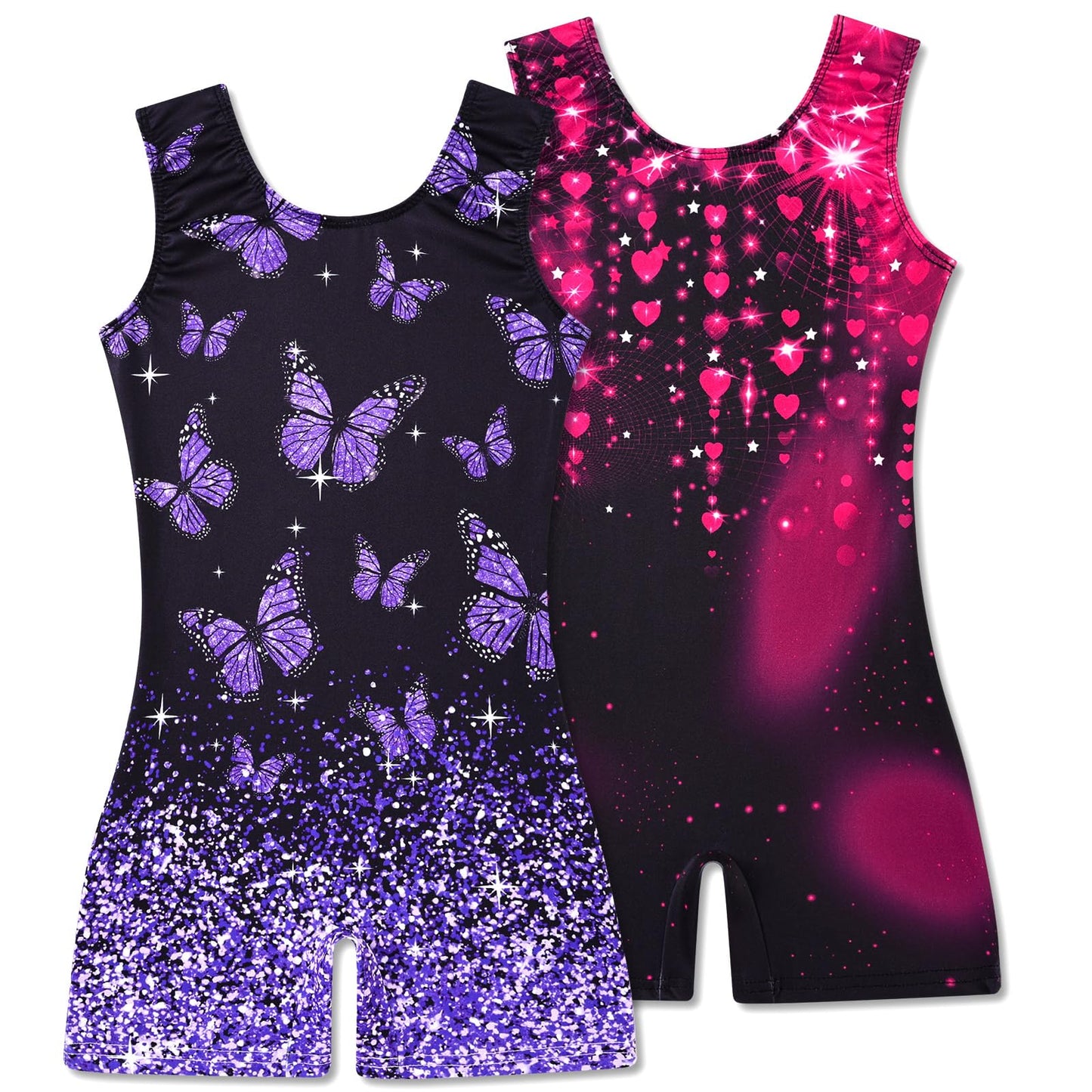 Aideaone 2 Pack Gymnastics Leotards for Girls Sparkly Toddler Biketards with Shorts Kids Unitard Dance Sportswear 3-10T