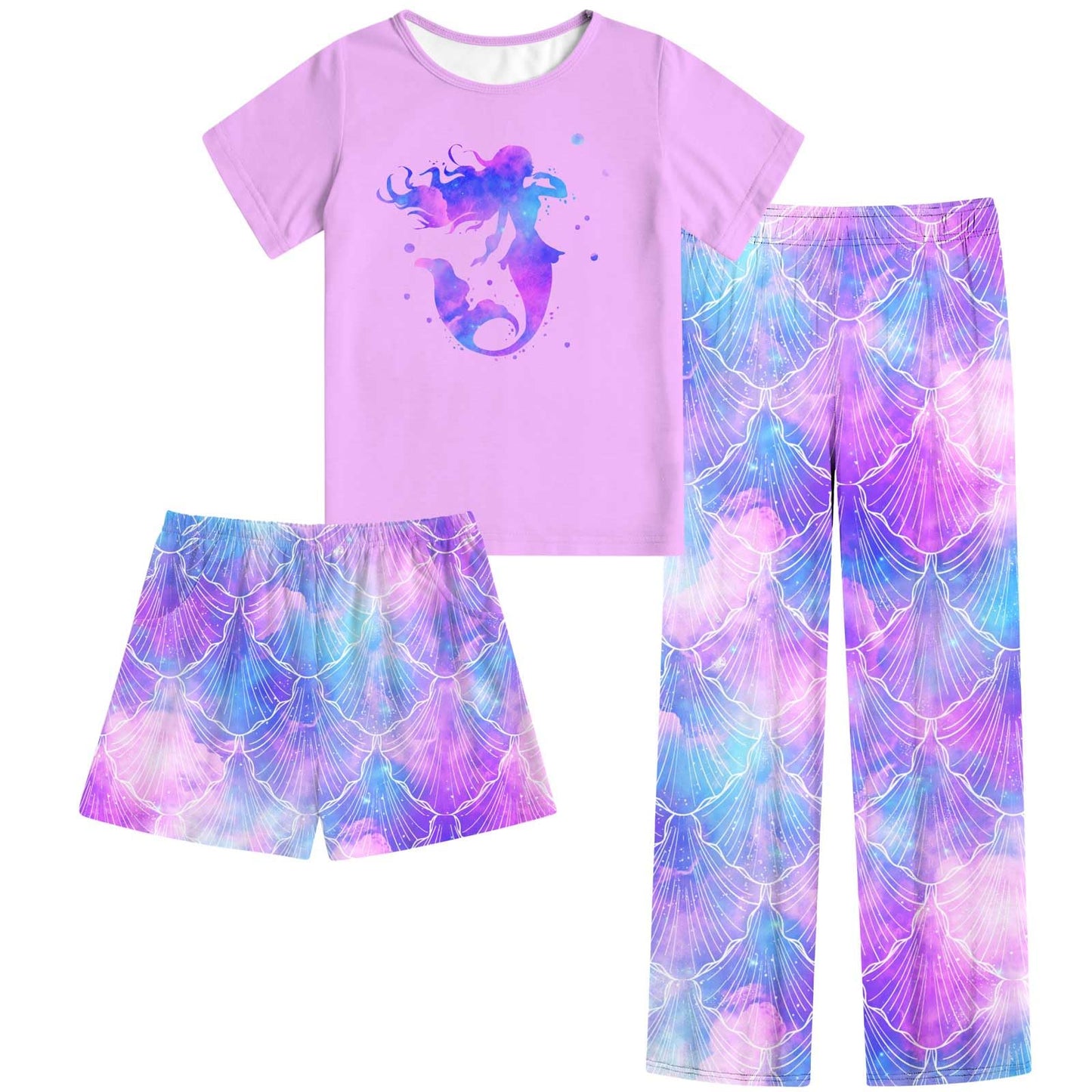 Aideaone Girls Pajamas Sets 3 Piece Short Sleeve Shirt Top Pants Shorts with Pockets Sleepwear 7-14 Years
