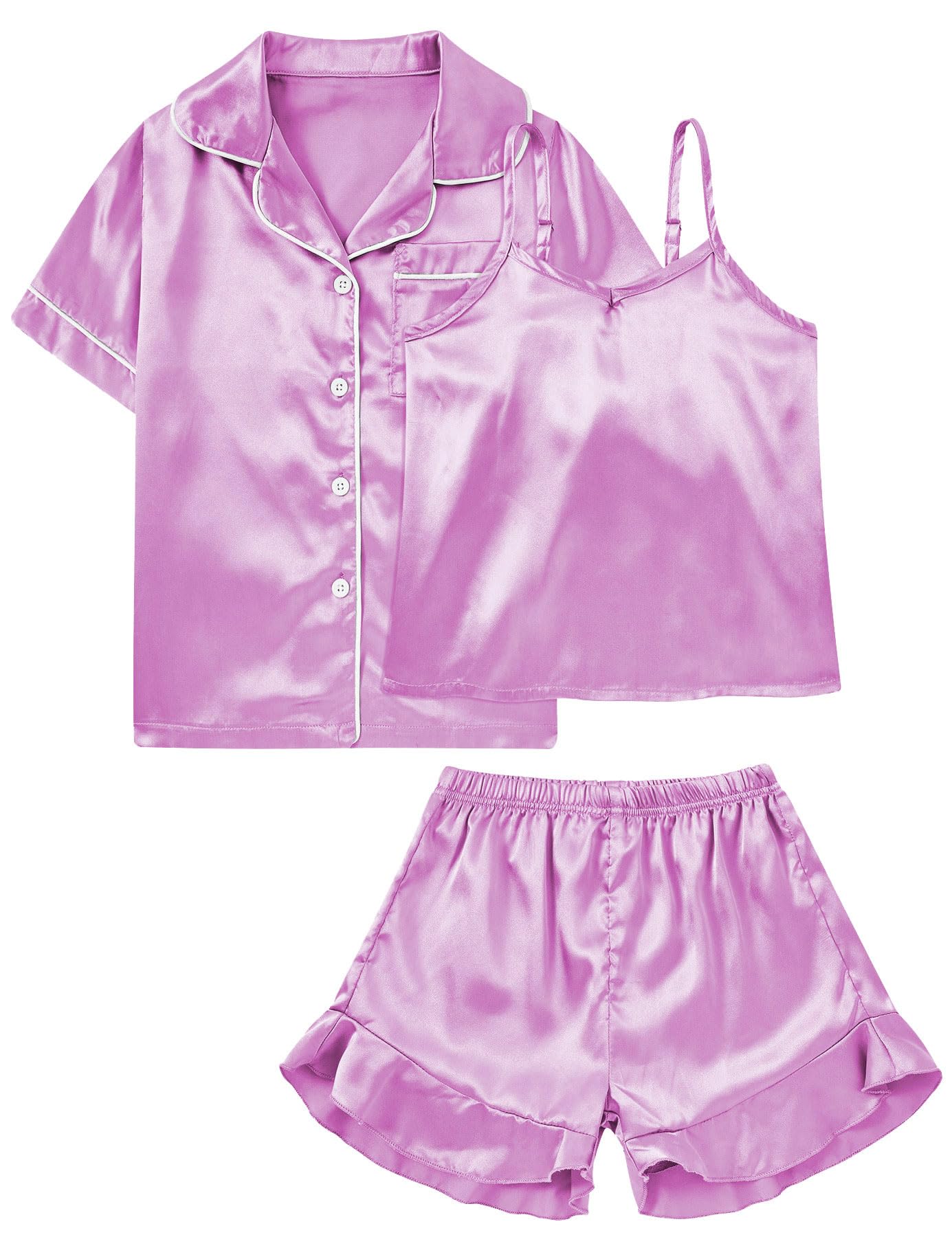 Aideaone Girls Silk Pajama Sets 3pcs Button Down Kids Satin Pjs set Short Sleeve Sleepwear 6-13 Years