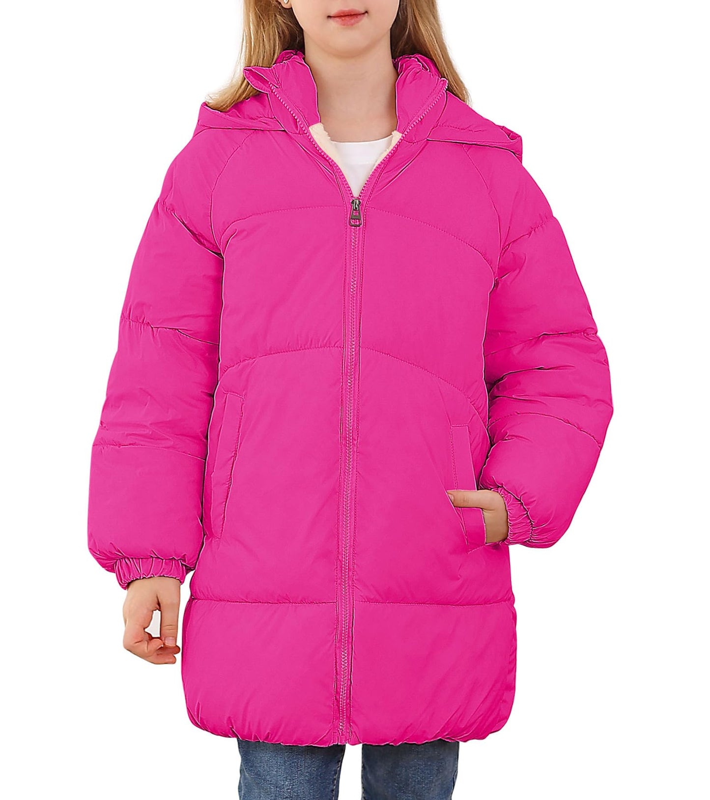 Aideaone Girls Winter Coats Hooded Puffer Jackets Medium Length Down-like Cotton Coats Snow Outwear 5-12Y