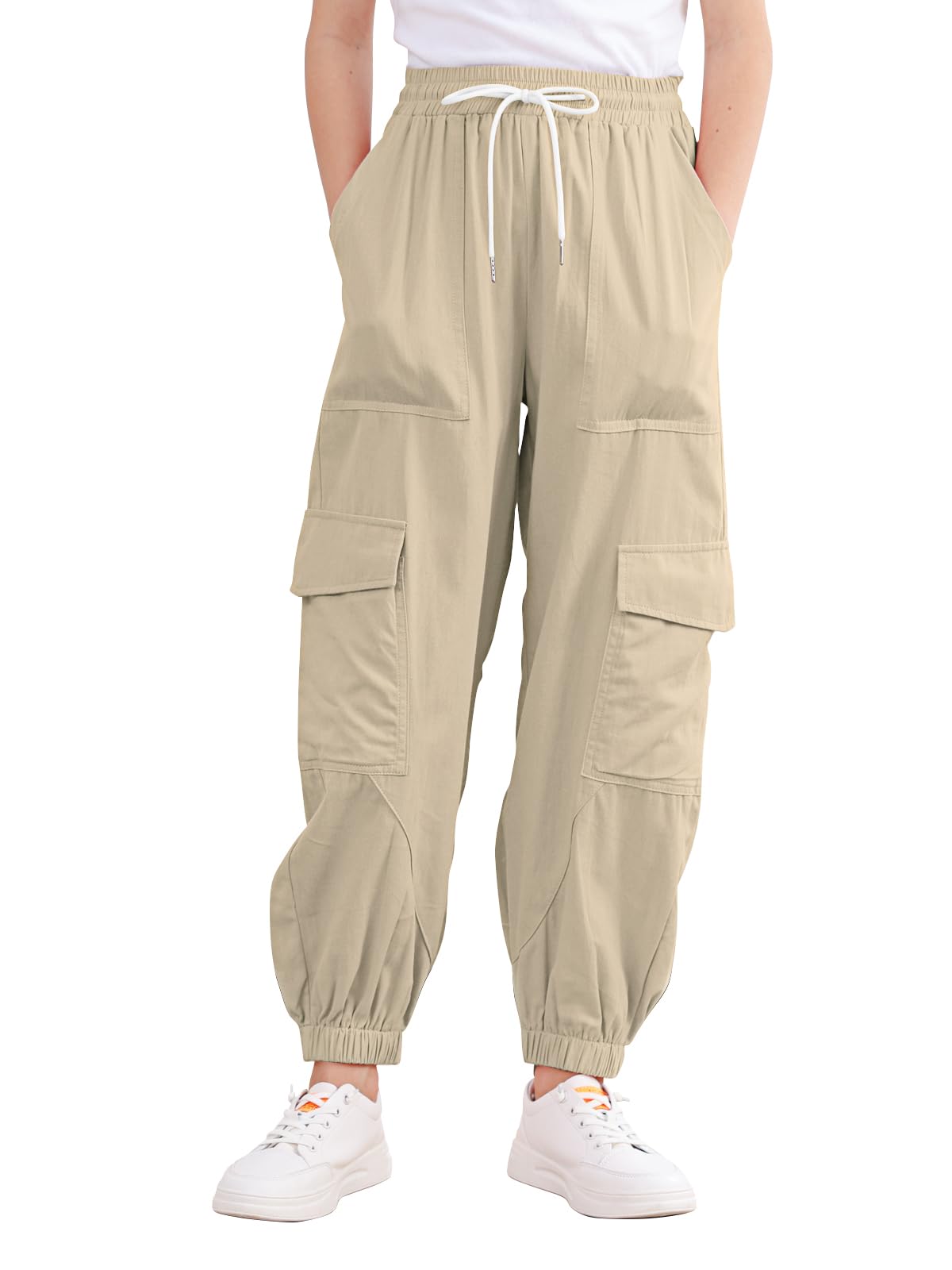 Aideaone Girls Cargo Pants for Kids Elastic Waist Casual Jogger Pant Streetwear Loose Parachute with Pockets Black 7-14Years