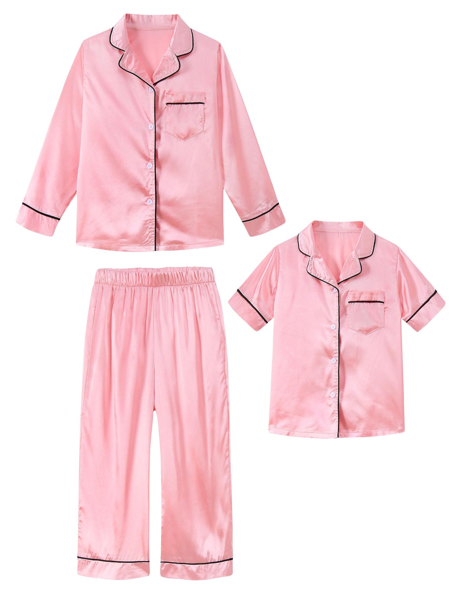 Aideaone Girls Boys Silk Pajamas Kids 3 Piece Satin PJs Set Button-Down Silky Nightwear Children Sleepwear for 5-12 Years