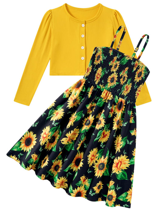 Aideaone Girls Casual Adjustable Strap Sleveless Dress Cardigan Set Size 5-12Y