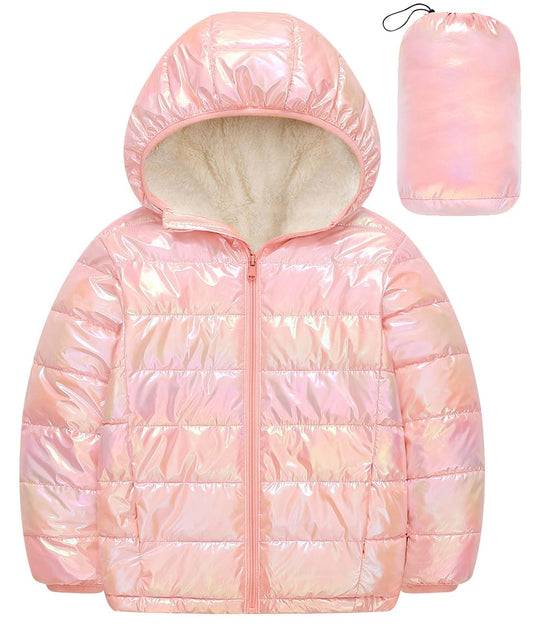 Aideaone Girls Puffer Jacket Packable Hooded Warmth Padded Winter Coat Metallic Shine Outerwear 10-12Years