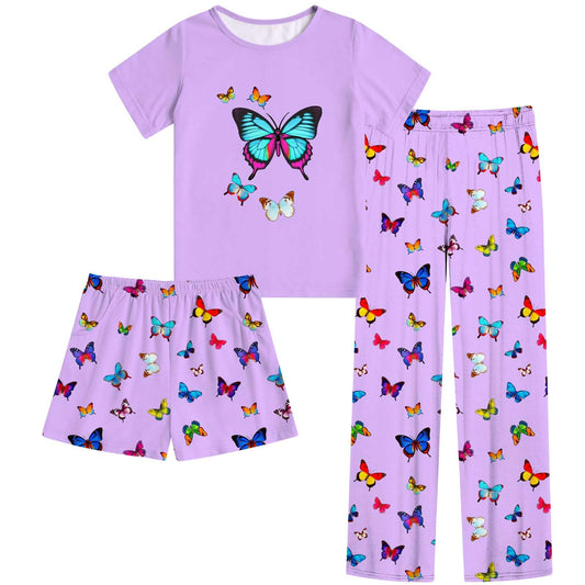 Aideaone Girls Pajamas Sets 3 Piece Short Sleeve Shirt Top Pants Shorts with Pockets Sleepwear 7-14 Years