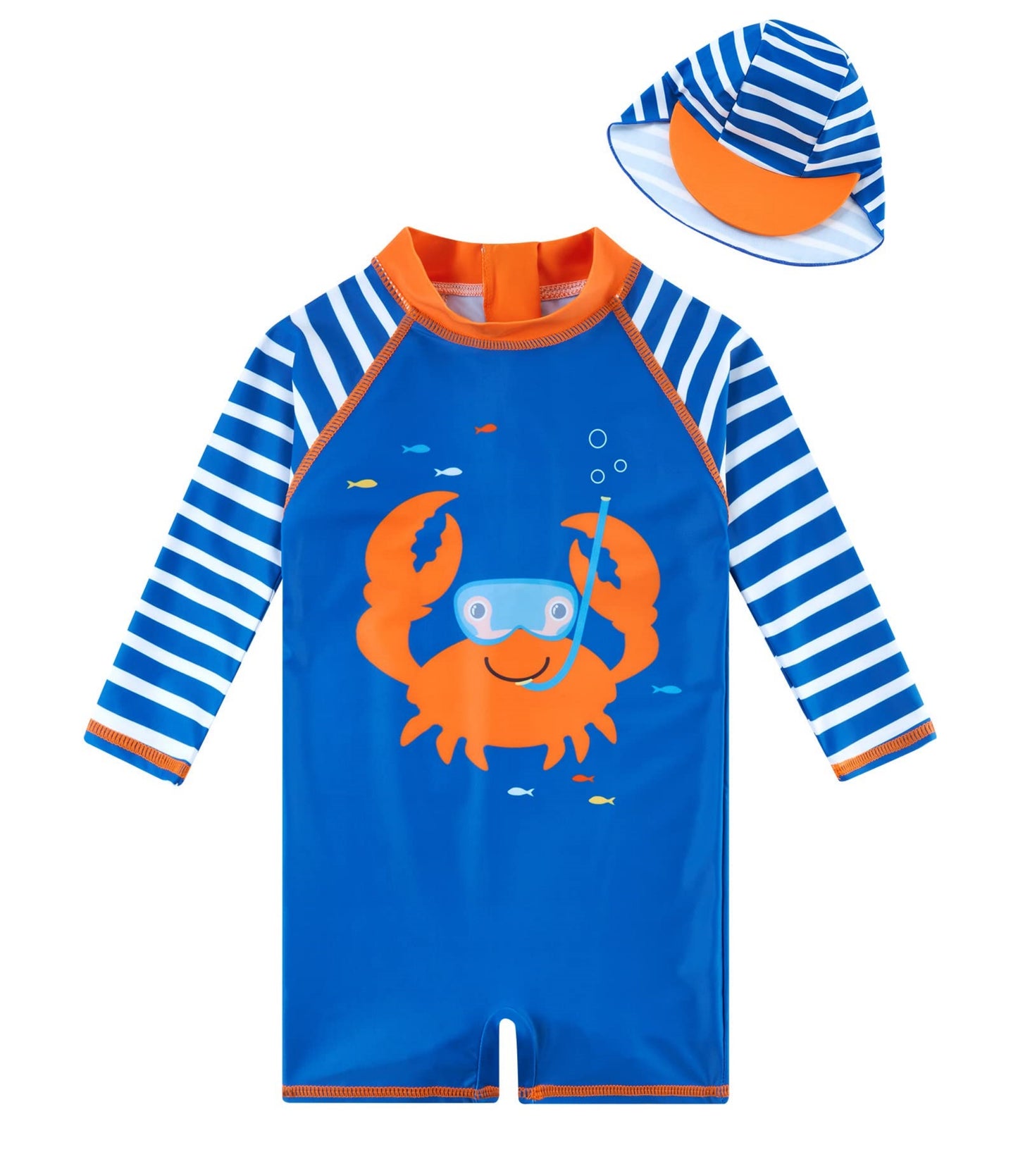 Baby Infant Boys Swimsuit One-Piece with Sun Hat Long Sleeve UPF 50+ Rash Guard Swimwear for Boys 3-24 Months