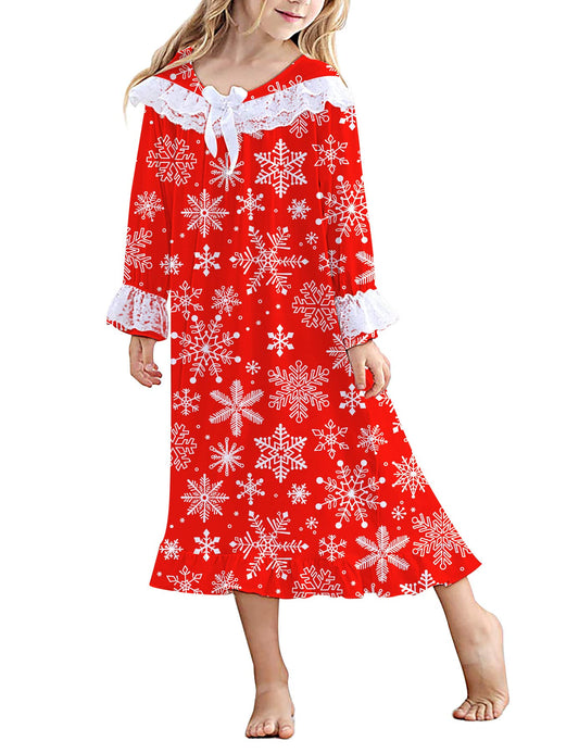 Aideaone Girl Christmas Nightgowns Lace Print Sleepwear Lightweight Nightdress Soft Princess Pajamas Dress Red 4-12 Years
