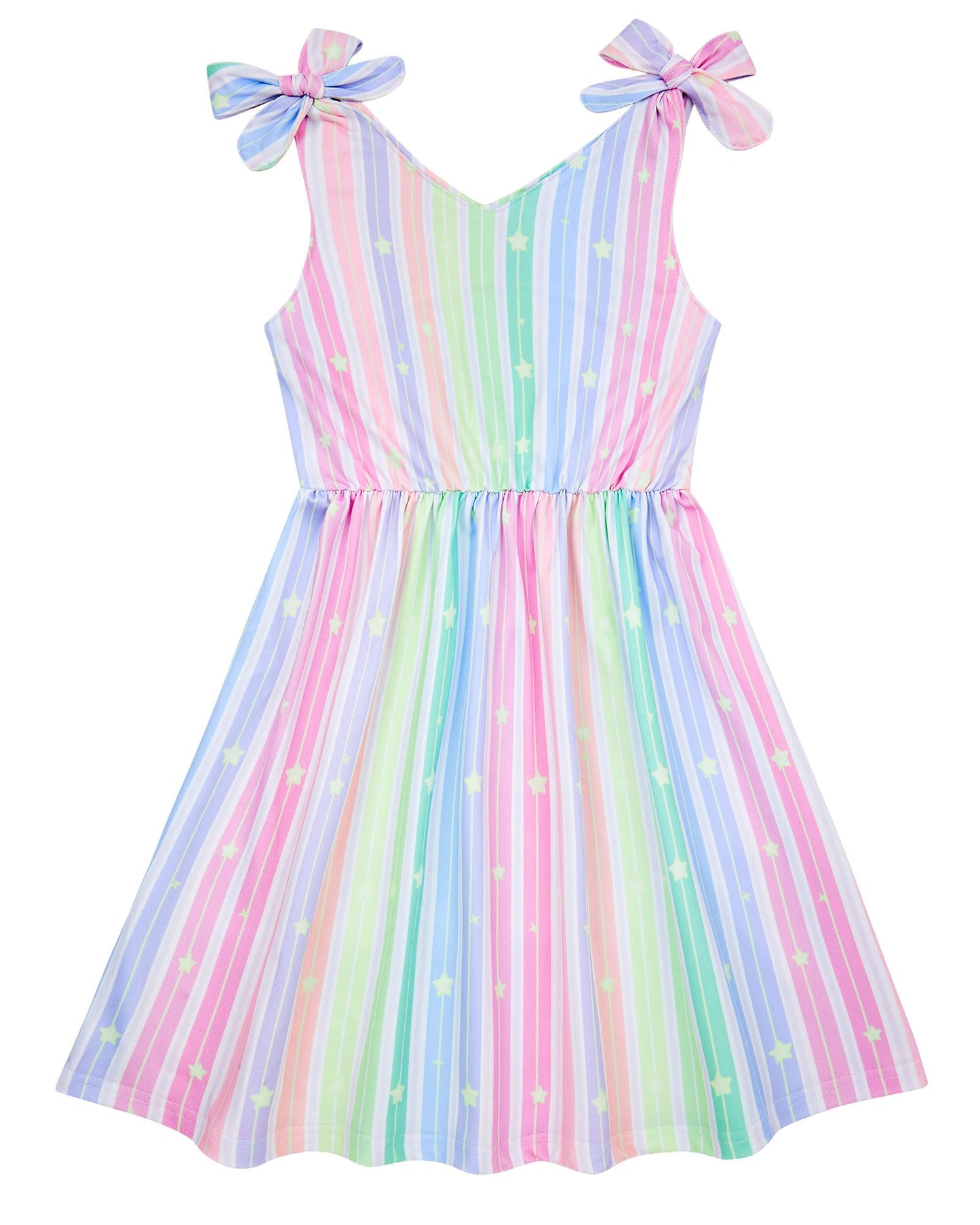 Aideaone Girls Dresses Sleeveless Summer Dress Bowknot Strap Stripe V Neck Sundress Blue 3-10T