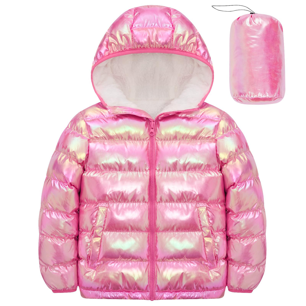 Aideaone Girls Puffer Jacket Packable Hooded Warmth Padded Winter Coat Metallic Shine Outerwear 10-12Years