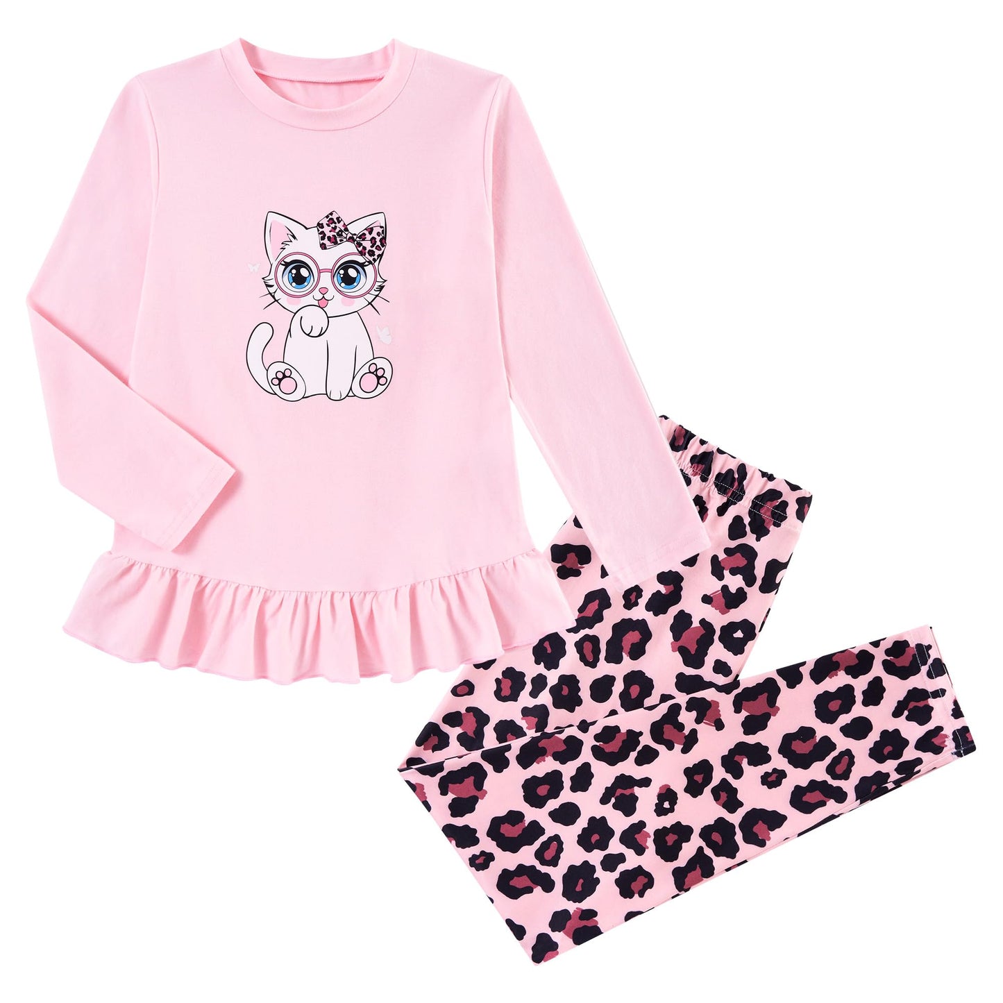 Aideaone Girls Outfit Fall 2 Pcs Clothes Sets Long Sleeve Ruffle Hem Shirt Floral Pants for Kids Size 3-7