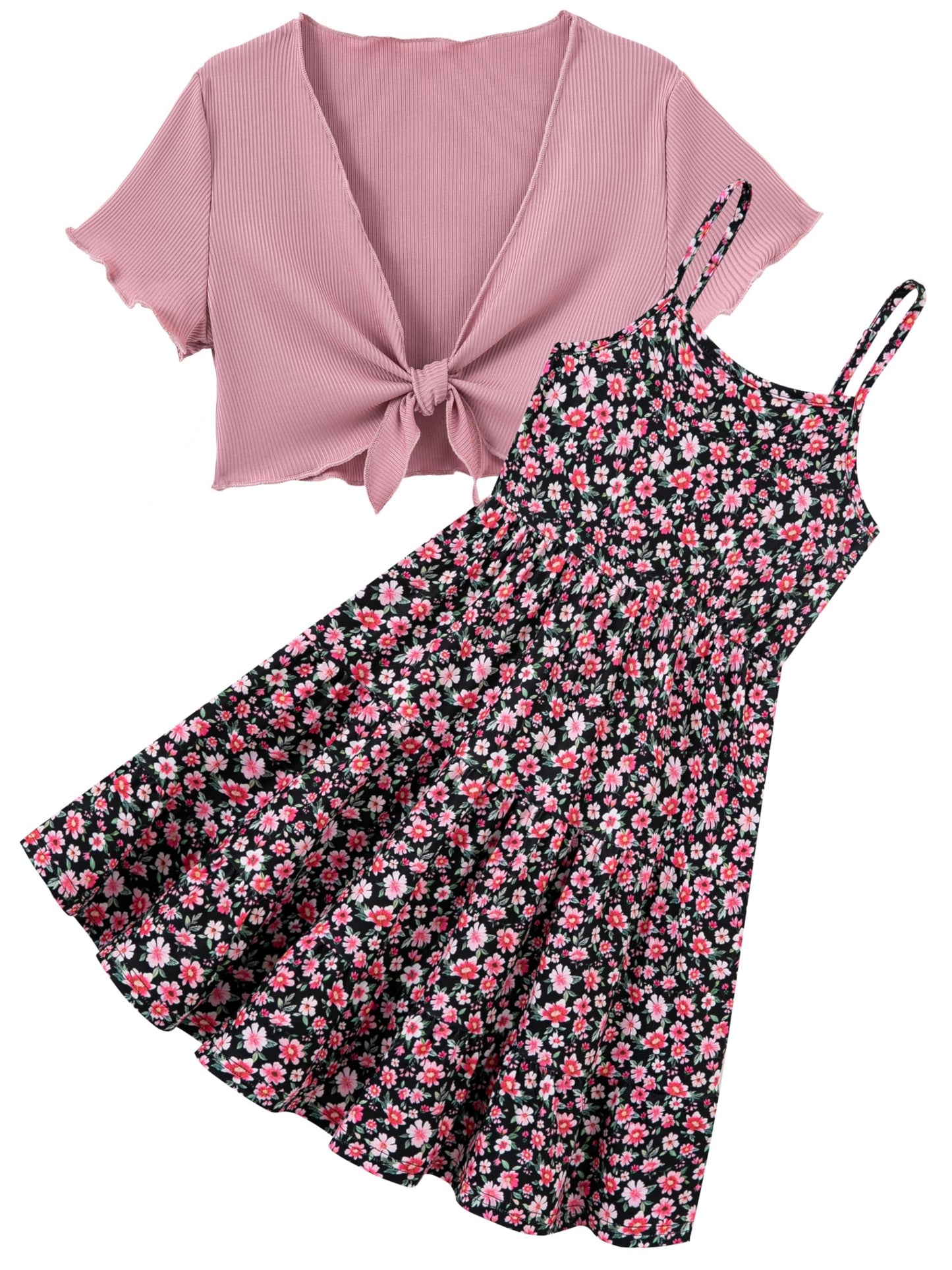 Girls Dresses Adjustable Strap Sleeveless A Line Dress with Cardigan 2 Piece Set Casual Sundress for Girls 7-14T