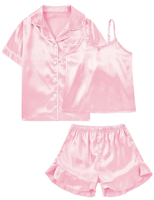 Aideaone Girls Silk Pajama Sets 3pcs Button Down Kids Satin Pjs set Short Sleeve Sleepwear 6-13 Years