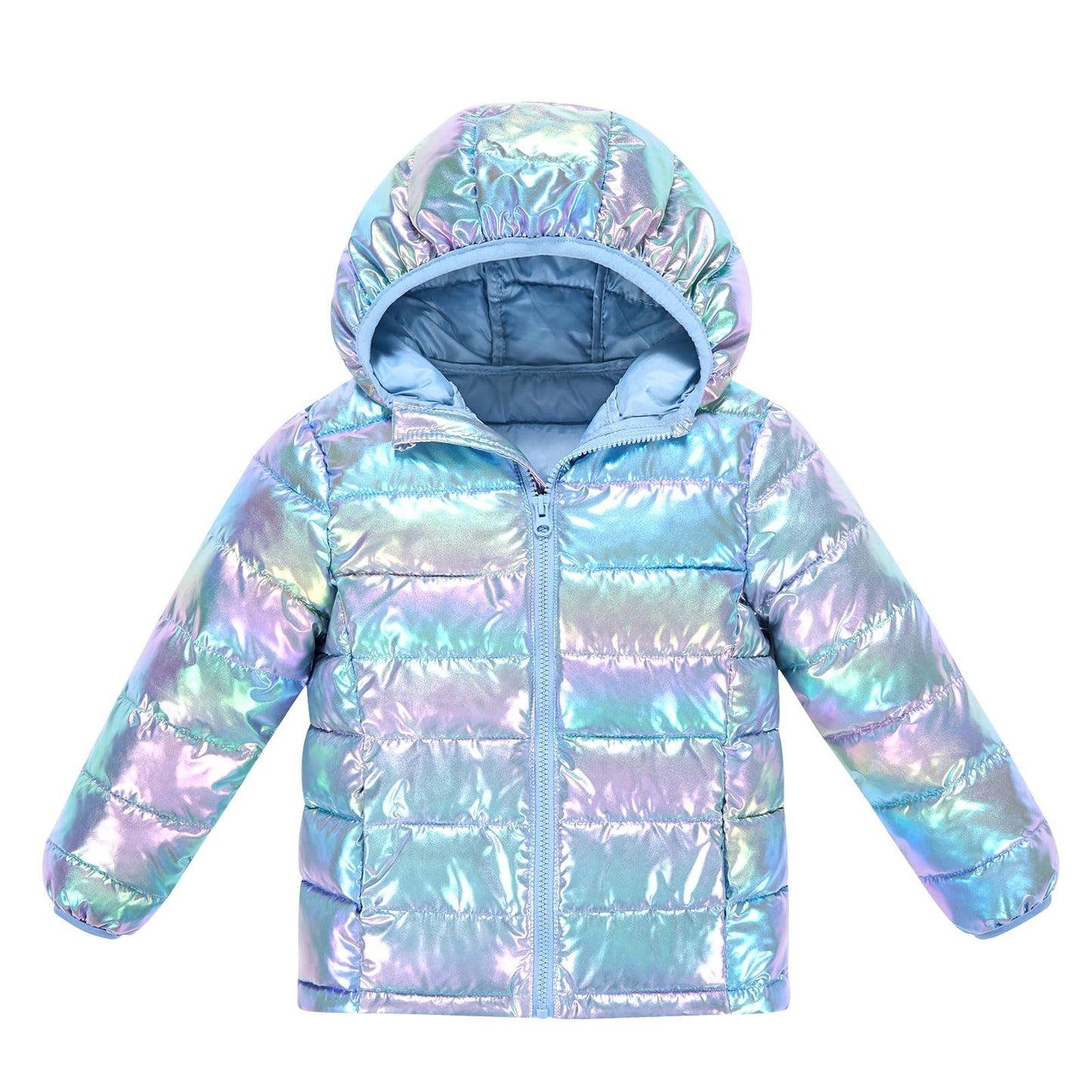 Aideaone Girls Puffer Jacket Packable Lightweight Down-Alternative Hooded Winter Coat Shiny Outerwear for Kids 10-12Years