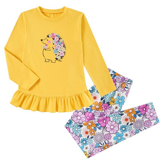 Aideaone Girls Outfit Fall 2 Pcs Clothes Sets Long Sleeve Ruffle Hem Shirt Floral Pants for Kids Size 3-7