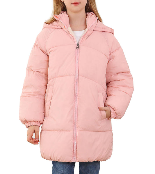 Aideaone Girls Winter Coats Hooded Puffer Jackets Medium Length Down-like Cotton Coats Snow Outwear 5-12Y